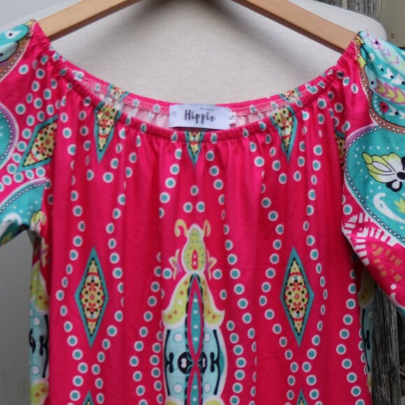 Mlitary Hippie Pink Aqua Multicolor Pattern Elastic Neck 3/4 Sleeve Knit Dress - Picture 2 of 5